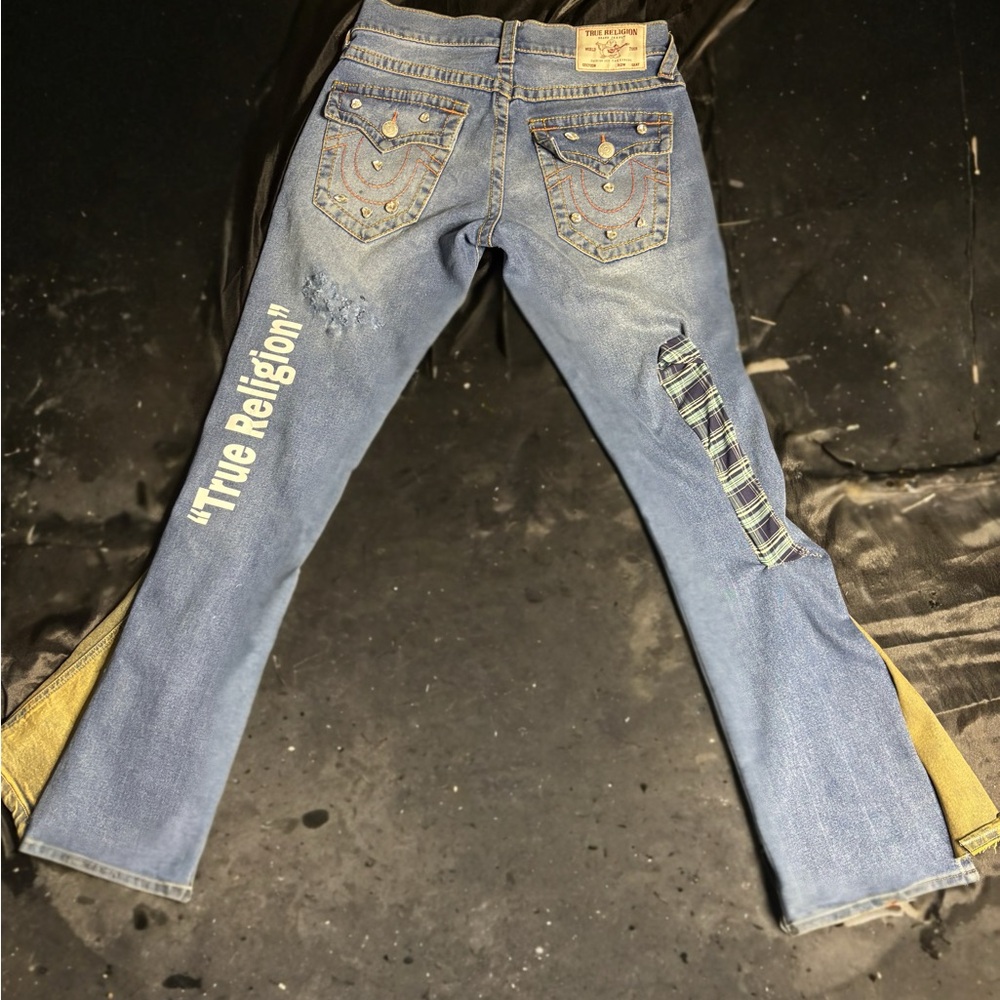 True Religion Blue Jeans with Unique Patches